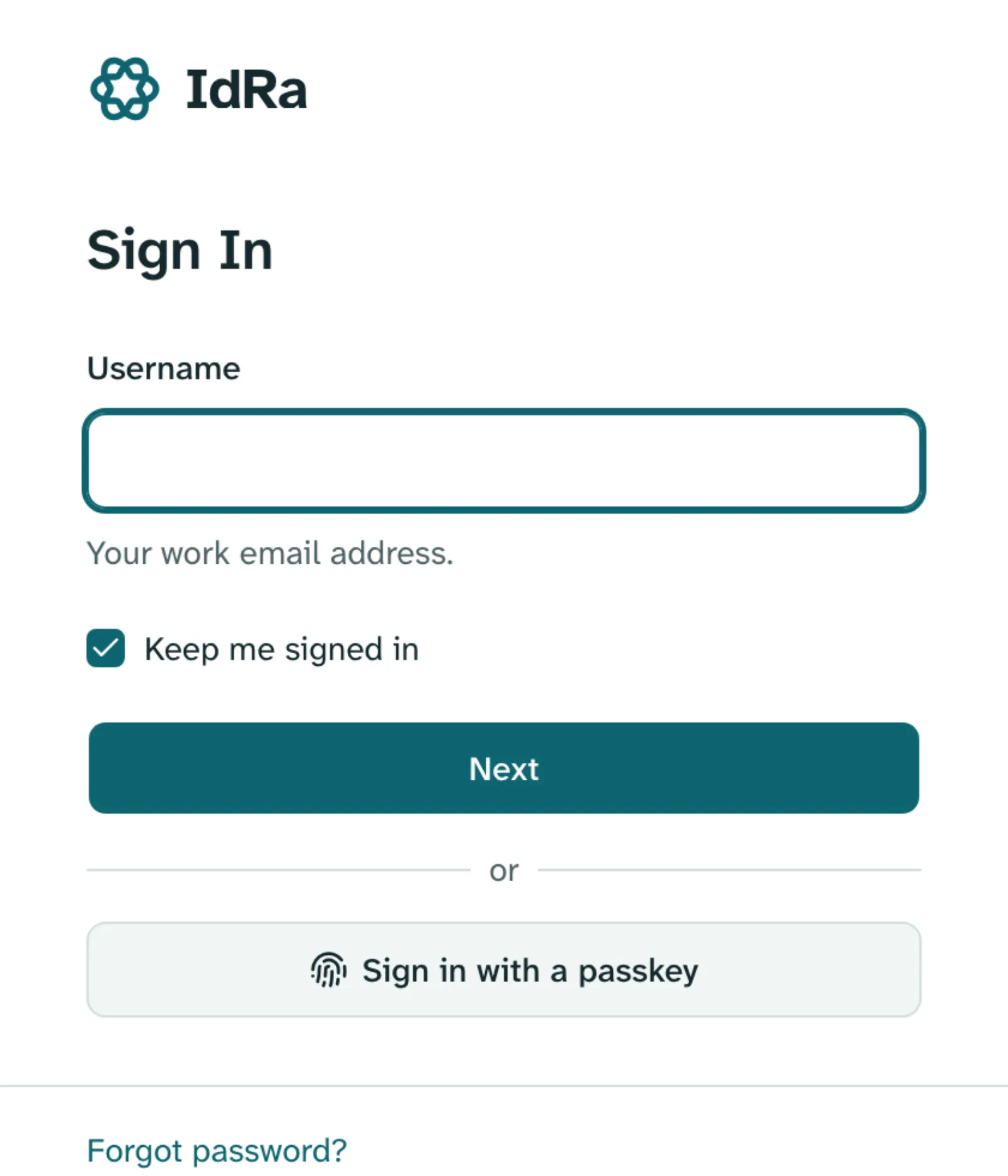 IdRa’s hosted sign-in page, with a username field, a Next button and a passkey option.